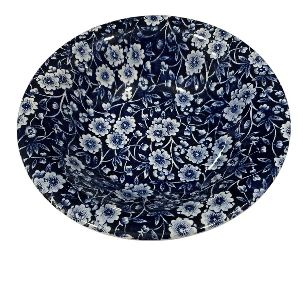 Calico staffordshire England blue white floral pattern 2 round cereal soup bowls